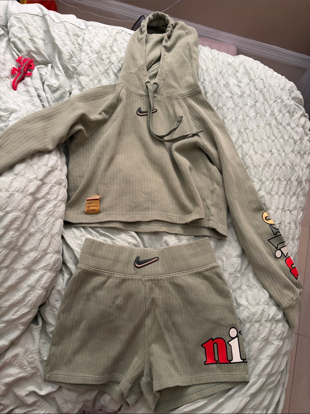 Nike Olive Green Ribbed Hoodie & Shorts Set - Picture 3 of 14